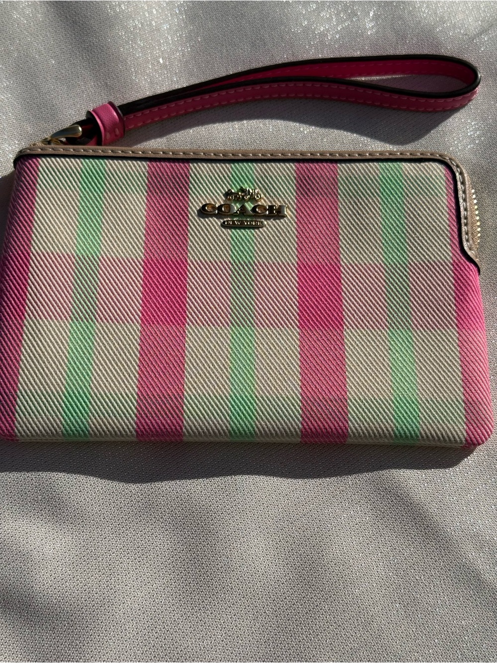 Coach Pink and Mint Stripe Wristlet Clutch with Gold Logo